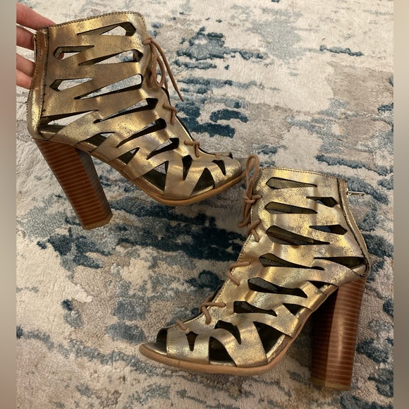 Call It Spring Gold Metallic Bootie Lace Up Block High Heels Zip Up Chunky | 7.5 - Picture 5 of 15